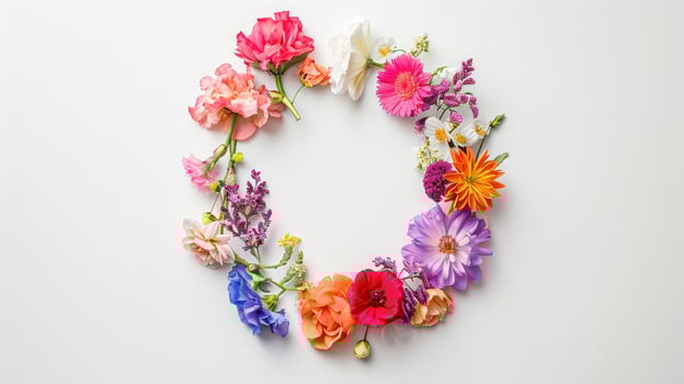 AI generated Flowers composition. Wreath made of various colorful flowers on white background. Easter, spring, summer concept. Flat lay, top view, copy space photo