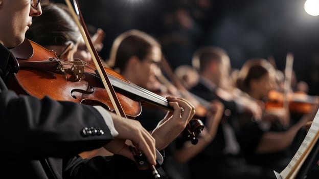 AI generated Professional symphonic orchestra performing on stage and playing a classical music concert photo