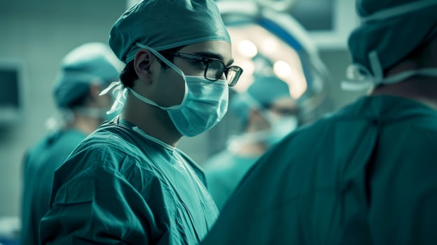 AI generated Photo of a male doctor performing surgery in an operating room. Generative AI