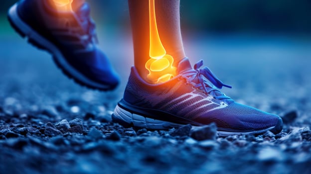 AI generated Ankle Pain, Human Ankle X-ray illustration Anatomy, Highlight Bones and Potential injuries photo