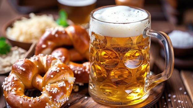 AI generated Soft pretzel and bavarian white sausage weisswurst made from minced veal and pork back bacon, mug with beer, crauti or sauerkraut, mustard. German octoberfest lunch photo