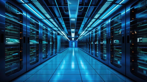 AI generated A vast warehouse transformed into a computer networking server room hub, Ai Generated photo