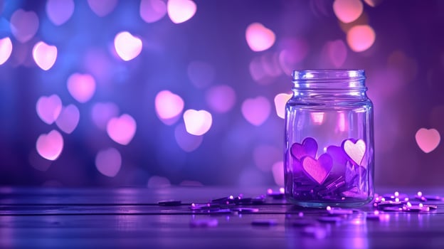 AI generated Purple glowing hearts around a jar create a romantic Valentine backdrop, Ai Generated photo