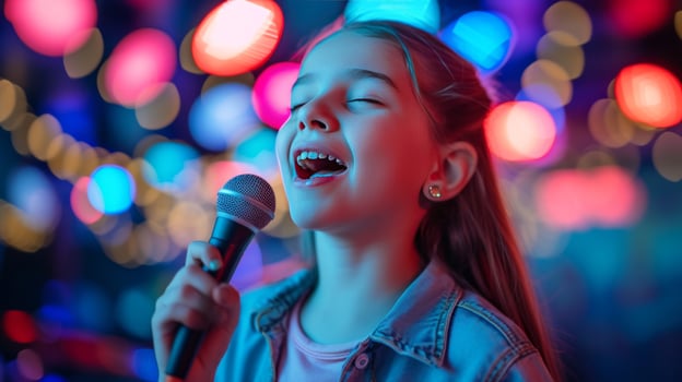 AI generated happy beautiful girl sings in karaoke, blurred background with copy space photo