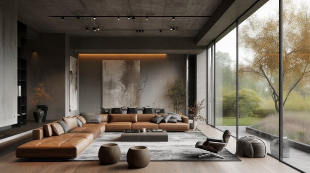 AI generated modern living room with large windows and large leather sofa and chairs photo