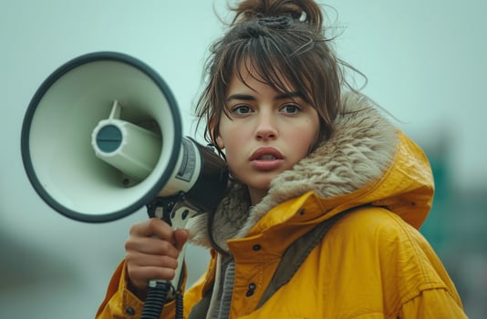 AI generated a woman holding a megaphone and protesting street signs, photo