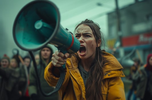 AI generated a woman holding a megaphone and protesting street signs, photo