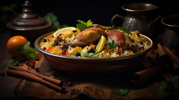 AI generated Spicy chicken biryani cuisine in a shiny silver bowl, authentic Indian food, serving fancy food in a restaurant. photo