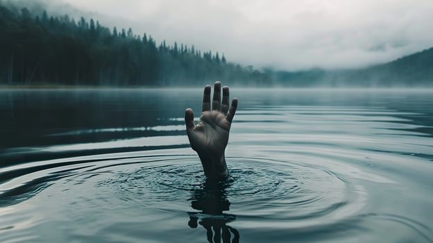AI generated Reaching Hand Emerges from Mysterious Lake Depths photo
