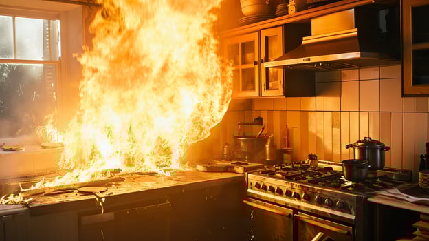 AI generated Escape the Burning Kitchen, Intense House Fire Disaster photo