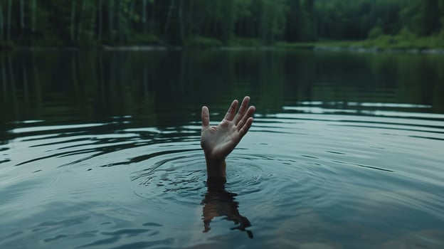 AI generated Reaching Hand Emerges from Mysterious Lake Depths photo