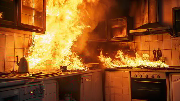 AI generated Escape the Burning Kitchen, Intense House Fire Disaster photo