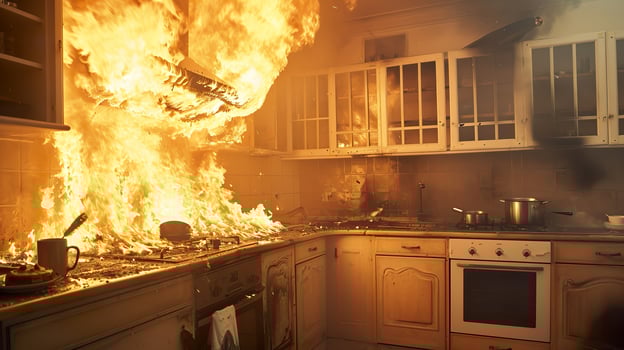 AI generated Escape the Burning Kitchen, Intense House Fire Disaster photo
