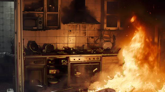 AI generated Escape the Burning Kitchen, Intense House Fire Disaster photo