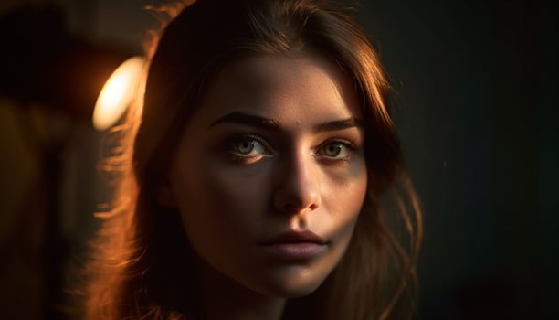 AI generated Young adult woman with brown hair looking at camera outdoors generated by AI photo