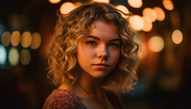 AI generated Young woman with blond hair smiling, looking at camera outdoors at night generated by AI photo