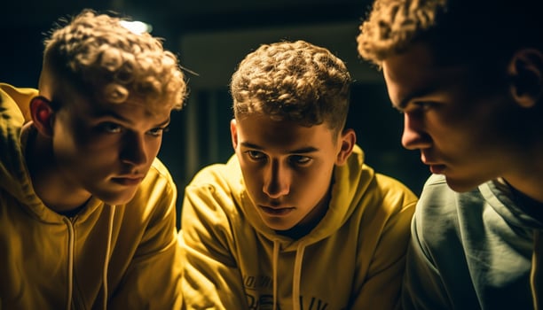 AI generated A group of young men playing sports under night lights generated by AI photo