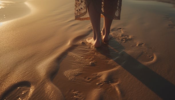 AI generated A woman walks barefoot on the sandy beach at sunset generated by AI photo