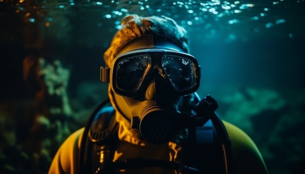AI generated One person diving underwater, wearing protective mask and workwear generated by AI photo