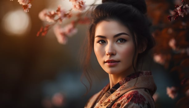 AI generated Young woman with brown hair, looking at camera, smiling outdoors generated by AI photo
