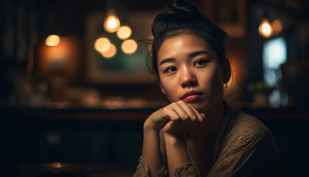 AI generated Young woman sitting at home, looking at camera, smiling confidently generated by AI photo