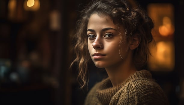 AI generated woman looking indoors, portrait of a cute young adult generated by AI photo