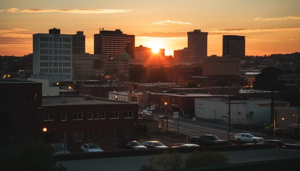AI generated Cityscape at dusk, sunset paints the urban skyline with skyscrapers generated by AI photo