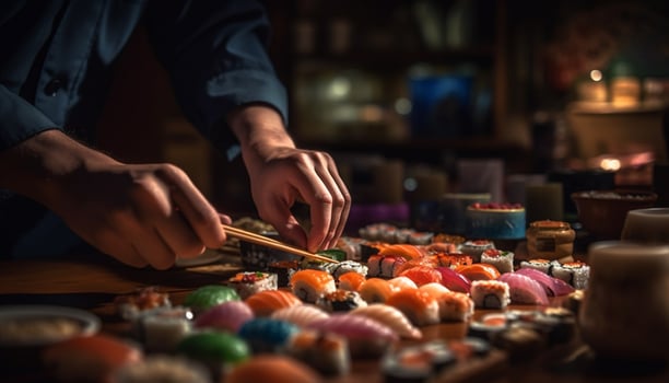 AI generated Unrecognizable person holding colorful craft, preparing homemade food indoors generated by AI photo