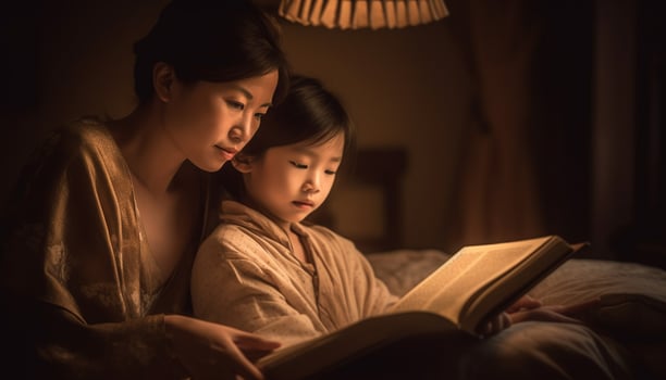 AI generated Children reading together in bed, learning and enjoying a story generated by AI photo