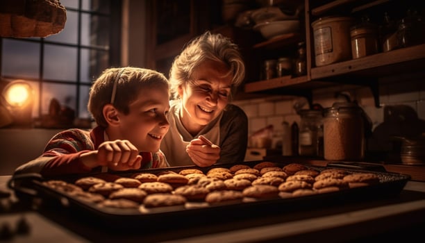 AI generated Children baking cookies in a domestic kitchen, smiling and having fun generated by AI photo
