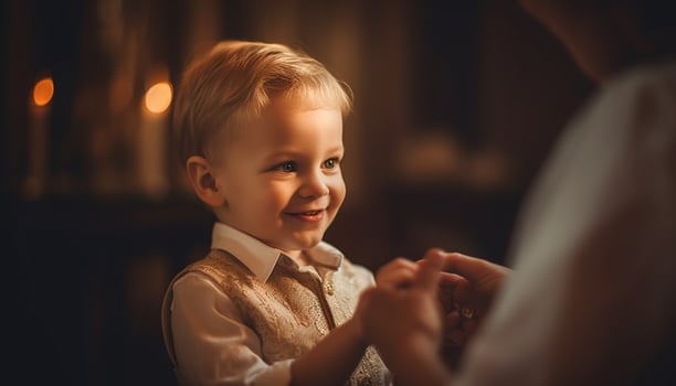 AI generated A cute, smiling child brings happiness to the family indoors generated by AI photo