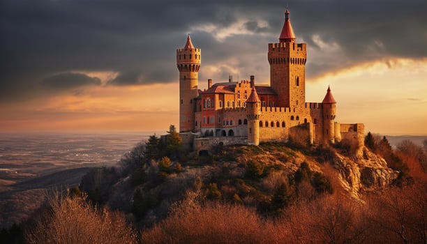 AI generated Majestic medieval architecture illuminates the ancient city at twilight generated by AI photo