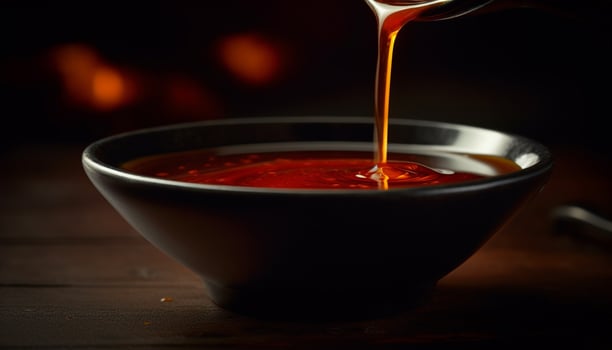 AI generated Freshness pouring from the bowl, gourmet liquid on wooden table generated by AI photo