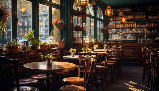 AI generated Modern coffee shop with elegant wooden chairs and floral decorations generated by AI photo