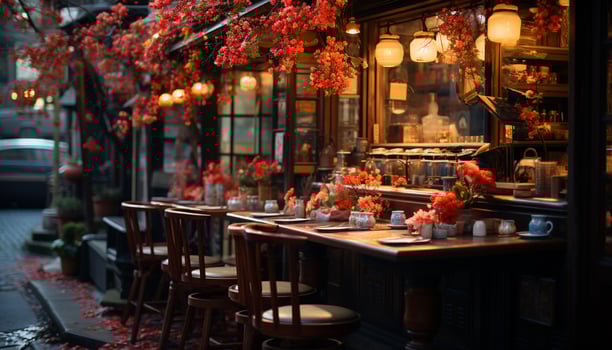 AI generated Wooden table with a colorful flower bouquet, illuminating a city street generated by AI photo