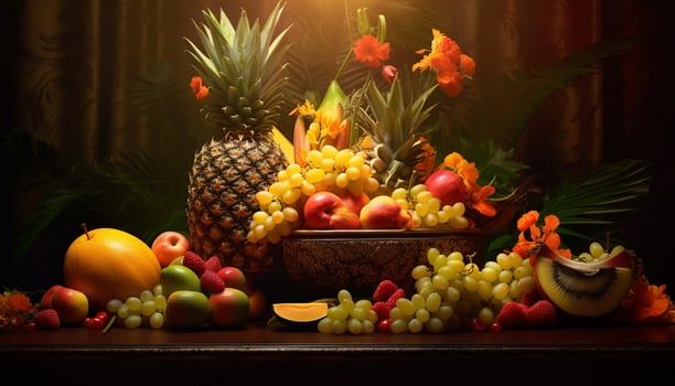 AI generated Freshness of nature bounty pineapple, grape, apple, orange, tomato, strawberry, banana, melon, watermelon, coconut generated by AI photo