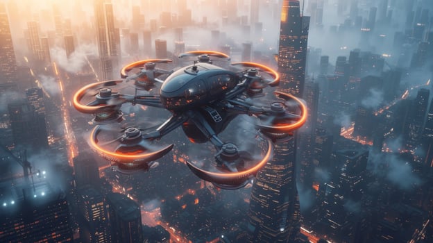 AI generated A Futuristic Manned Robo-Passenger Drone Soars Through the Sky Above a Modern City photo