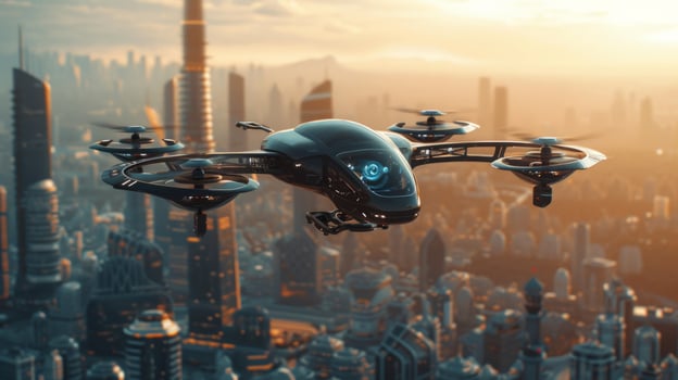 AI generated A Futuristic Manned Robo-Passenger Drone Soars Through the Sky Above a Modern City photo