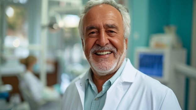 AI generated A Happy Senior Man Poses for the Camera at the Dentist's Office photo