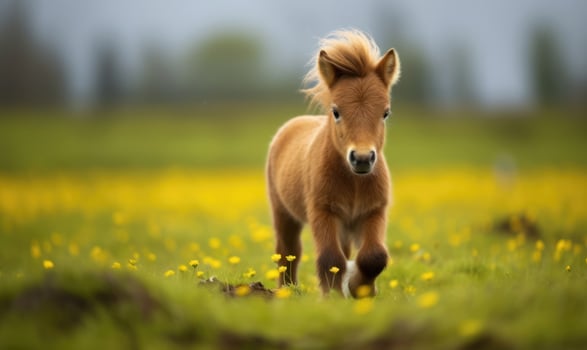 AI generated Little pony foal play on a meadow with yellow flowers photo