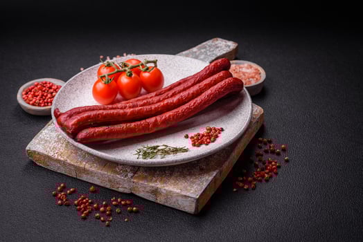 Delicious thin smoked hunting sausages with salt, spices and herbs photo