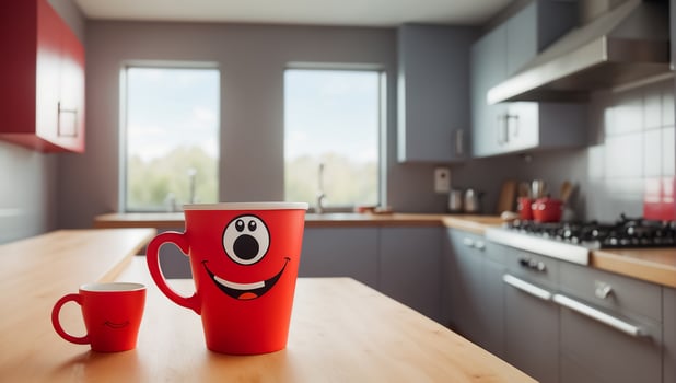 AI generated Cute funny cup with eyes and smile in the kitchen photo