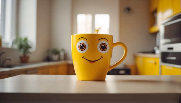 AI generated Cute funny cup with eyes and smile in the kitchen photo