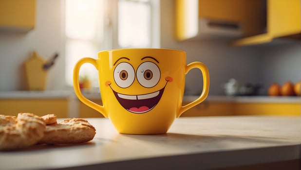 AI generated Cute funny cup with eyes and smile in the kitchen photo
