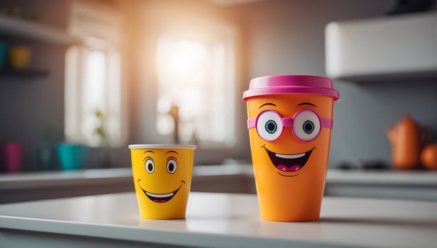 AI generated Cute funny cup with eyes and smile in the kitchen photo