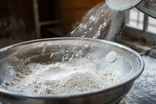 AI generated Sifting flour through sieve on wooden table. Generative AI photo