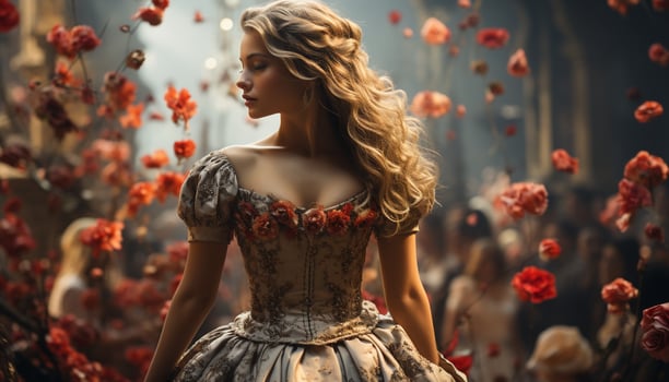 AI generated Beautiful blond woman in elegant dress, smiling outdoors generated by AI photo