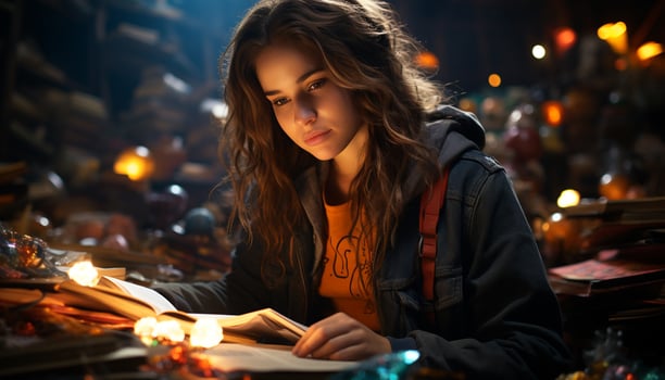 AI generated Young woman reading book by the fire at night generated by AI photo