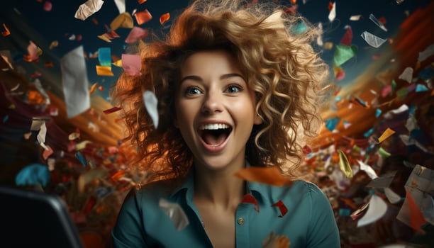 AI generated Young woman smiling, celebrating with confetti at party generated by AI photo
