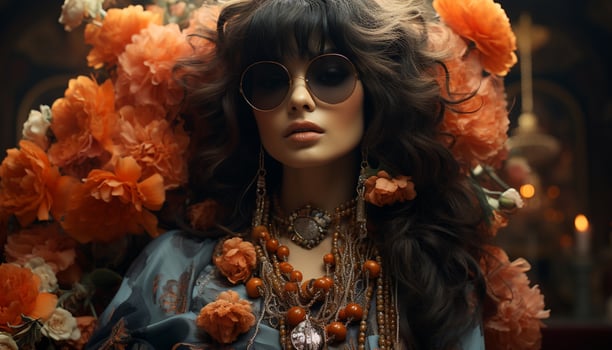 AI generated Beautiful woman in sunglasses, looking at camera outdoors generated by AI photo